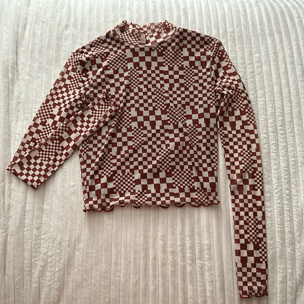 Belle du jour brown and cream checkered mock neck crop top